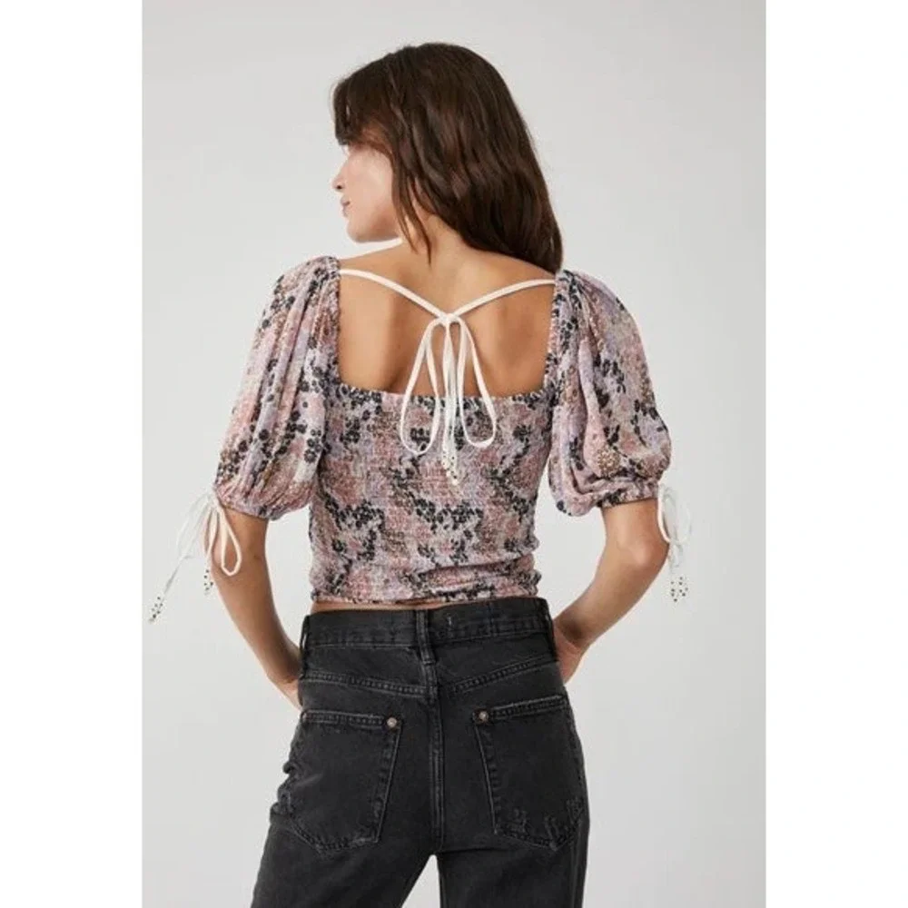 NWT Free People Floral‎ Smocked Puff Sleeve Crop Top Lavender Multi Size S
